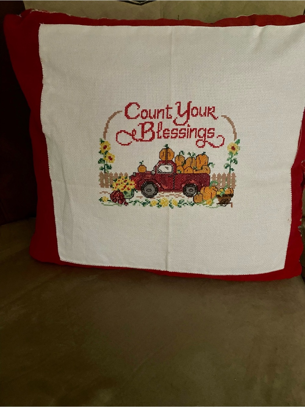 Vintage Cross Stitch Embroidered Pillow Case Handmade Thanksgiving Blessings